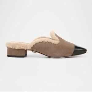 Veronica Beard Tan and Black Suede Mules with Shearling Trim